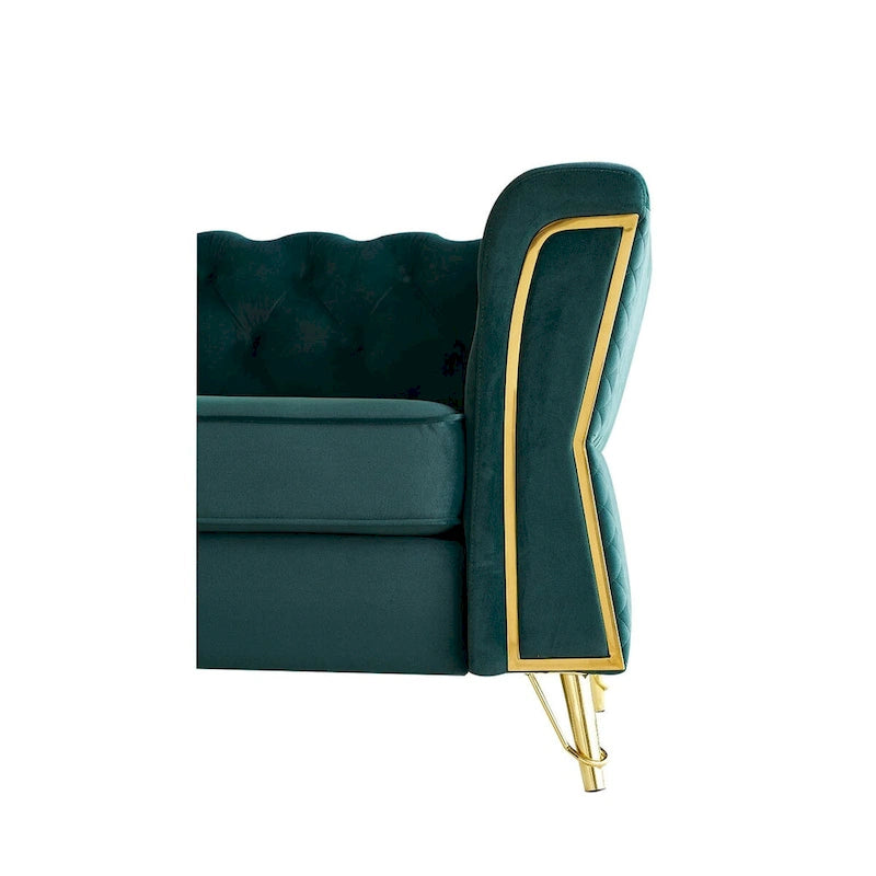 Canapé chesterfield en velours tufté avec pieds en métal doré orange