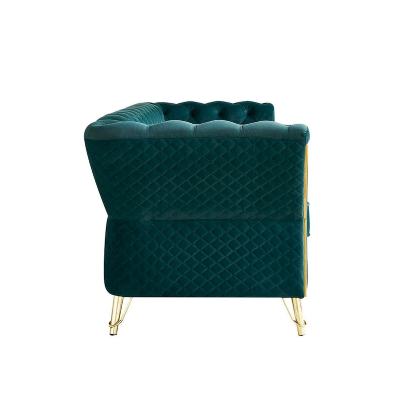 Canapé chesterfield en velours tufté avec pieds en métal doré orange