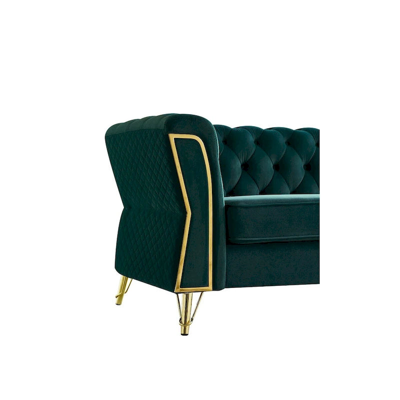 Canapé chesterfield en velours tufté avec pieds en métal doré orange