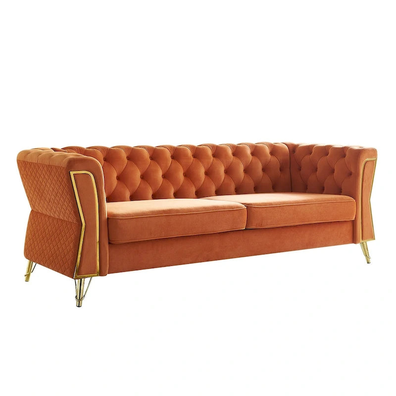 Canapé chesterfield en velours tufté avec pieds en métal doré orange