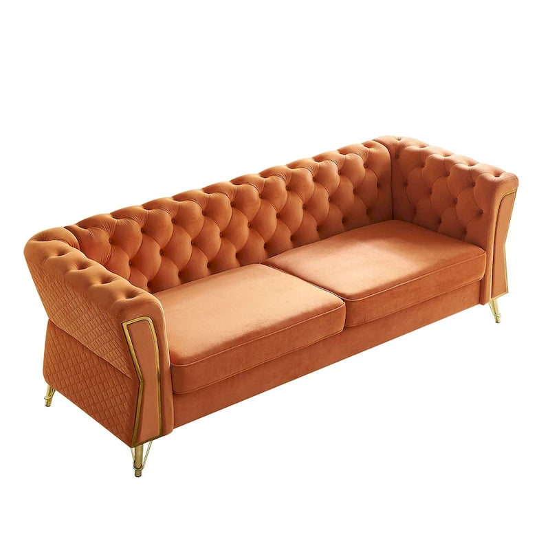 Canapé chesterfield en velours tufté avec pieds en métal doré orange