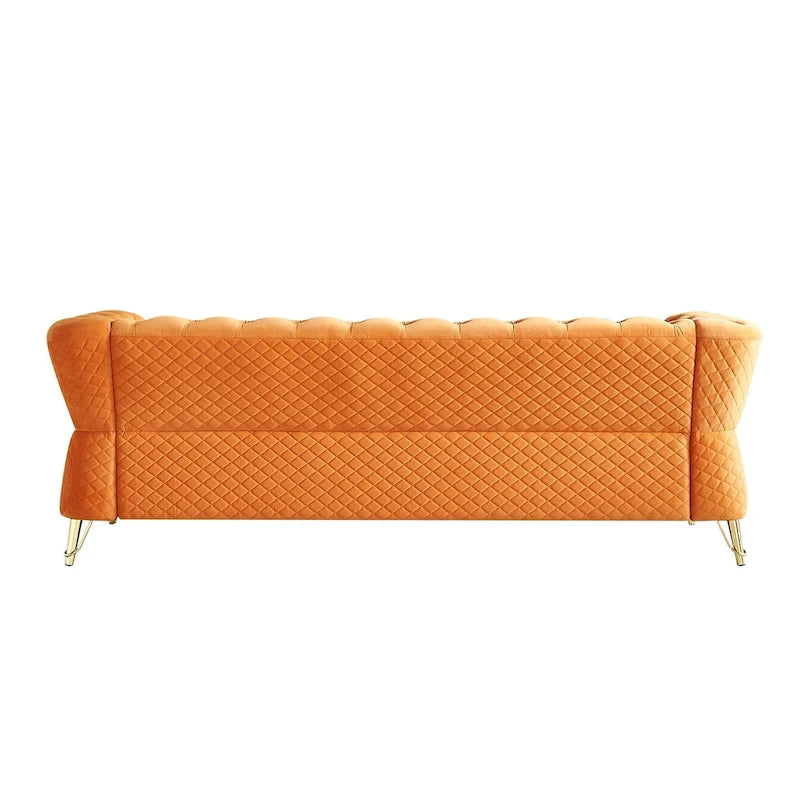 Canapé chesterfield en velours tufté avec pieds en métal doré orange