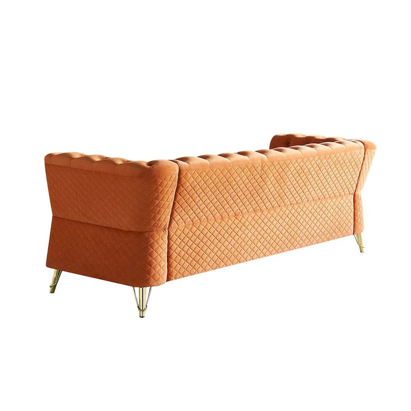 Canapé chesterfield en velours tufté avec pieds en métal doré orange