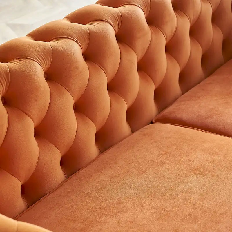 Canapé chesterfield en velours tufté avec pieds en métal doré orange