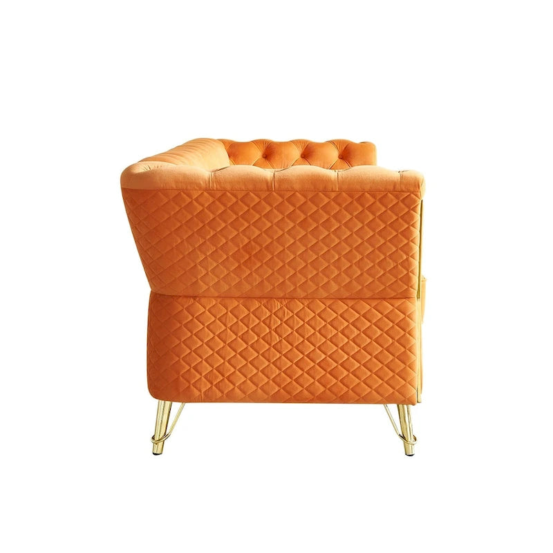 Canapé chesterfield en velours tufté avec pieds en métal doré orange