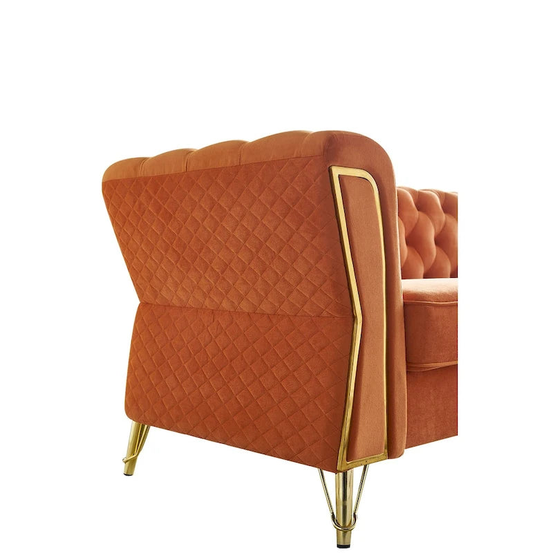 Canapé chesterfield en velours tufté avec pieds en métal doré orange