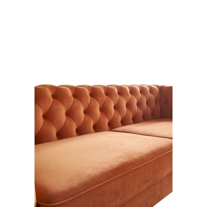Canapé chesterfield en velours tufté avec pieds en métal doré orange