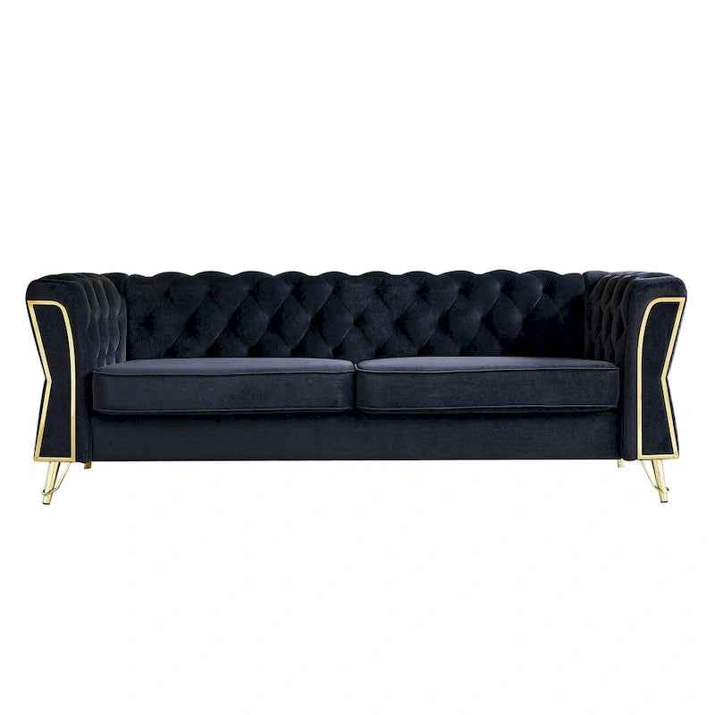 Canapé chesterfield en velours tufté avec pieds en métal doré orange