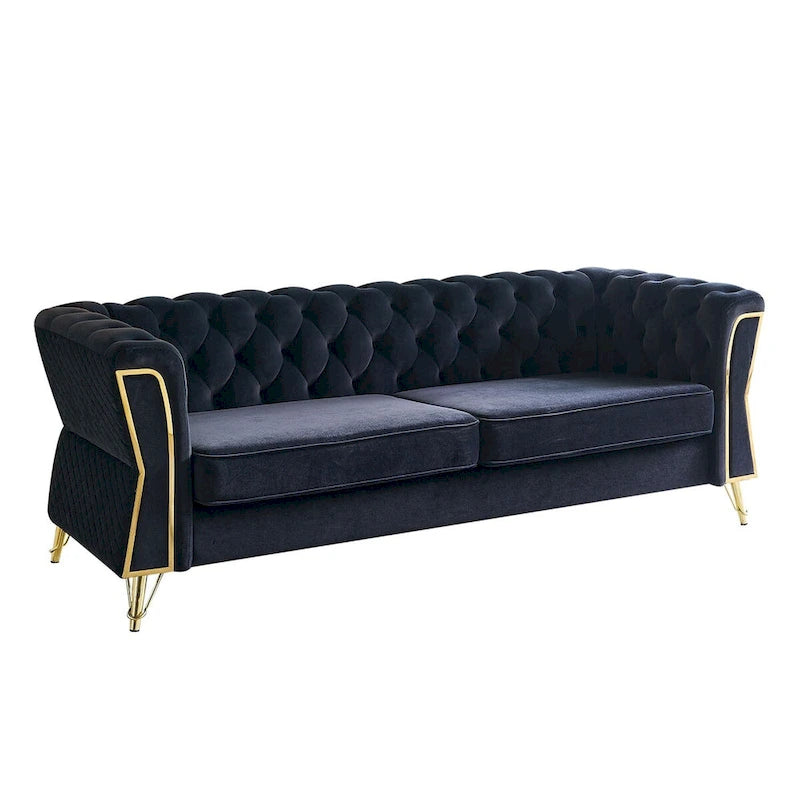 Canapé chesterfield en velours tufté avec pieds en métal doré orange