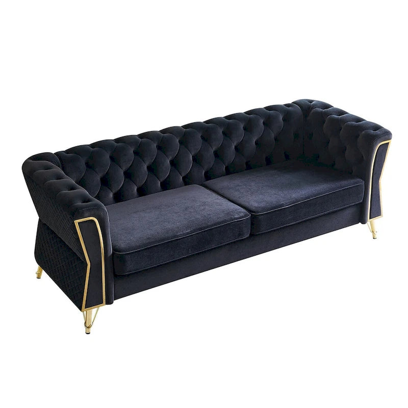 Canapé chesterfield en velours tufté avec pieds en métal doré orange