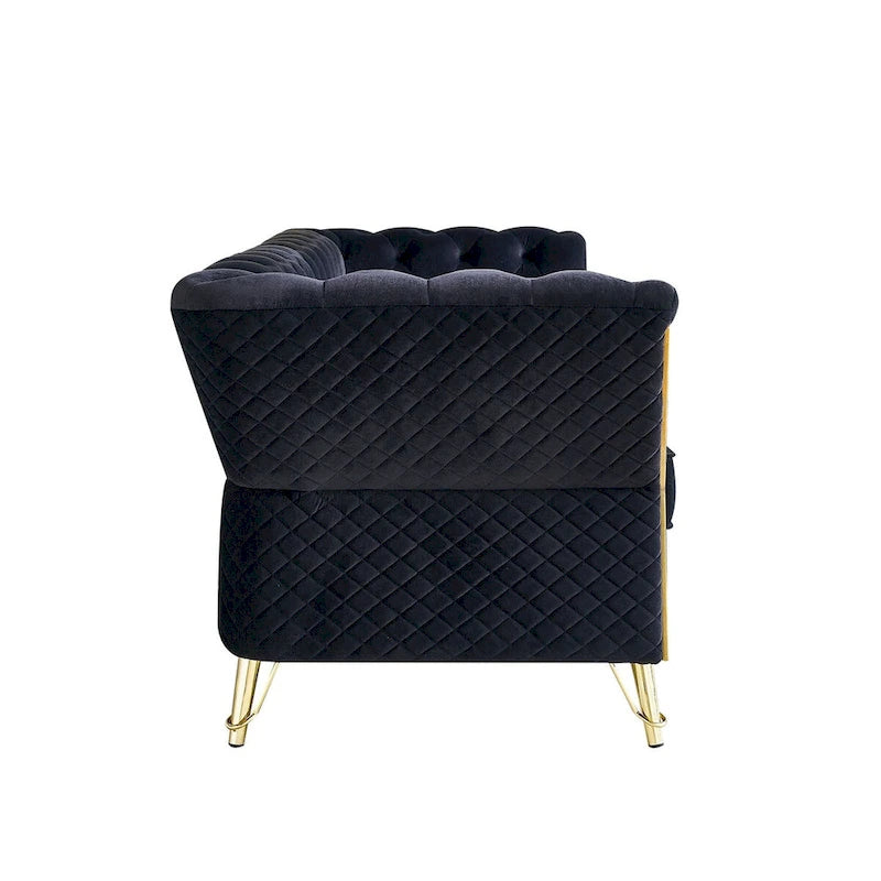 Canapé chesterfield en velours tufté avec pieds en métal doré orange