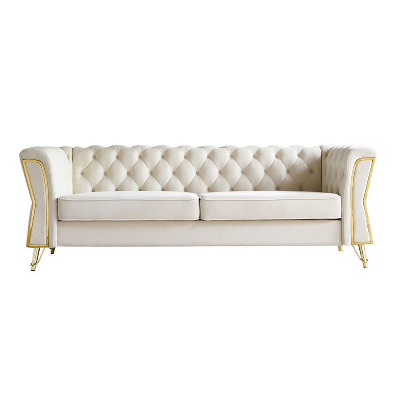 Canapé chesterfield en velours tufté avec pieds en métal doré orange