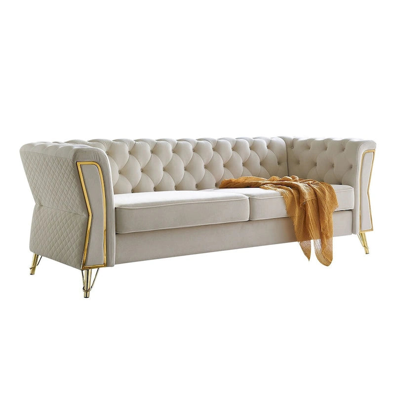 Canapé chesterfield en velours tufté avec pieds en métal doré orange