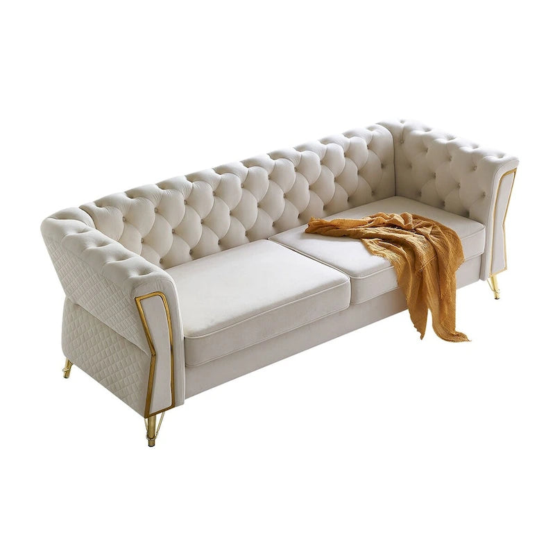 Canapé chesterfield en velours tufté avec pieds en métal doré orange