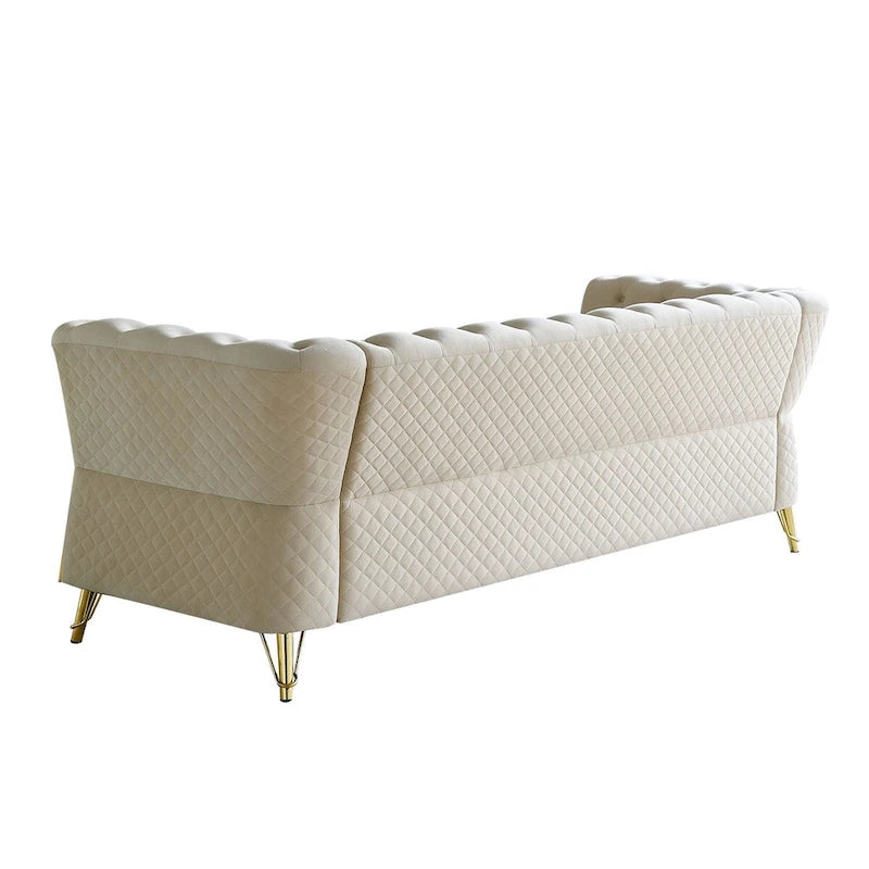 Canapé chesterfield en velours tufté avec pieds en métal doré orange