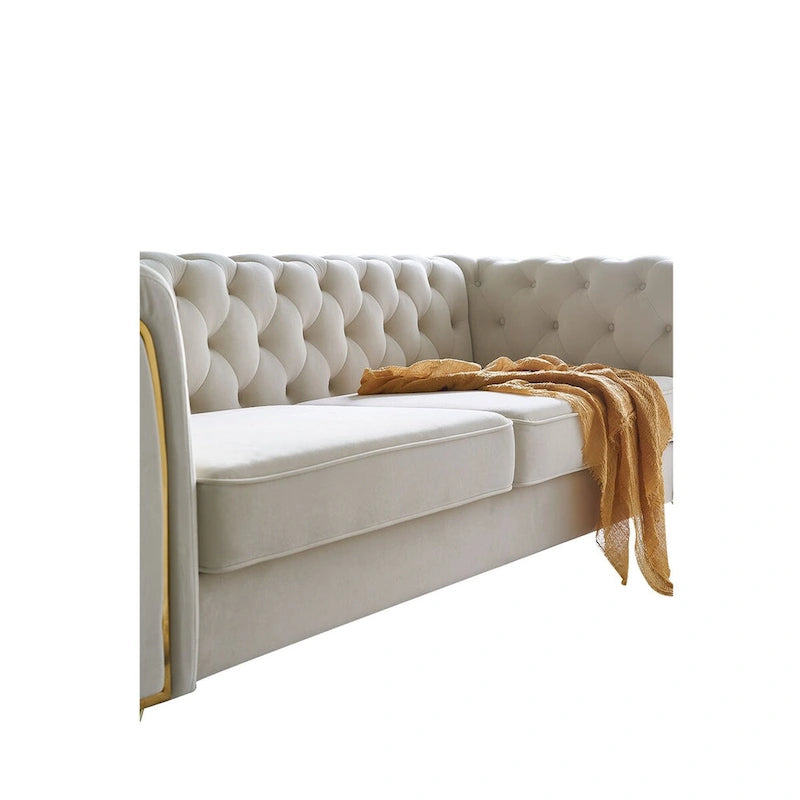 Canapé chesterfield en velours tufté avec pieds en métal doré orange