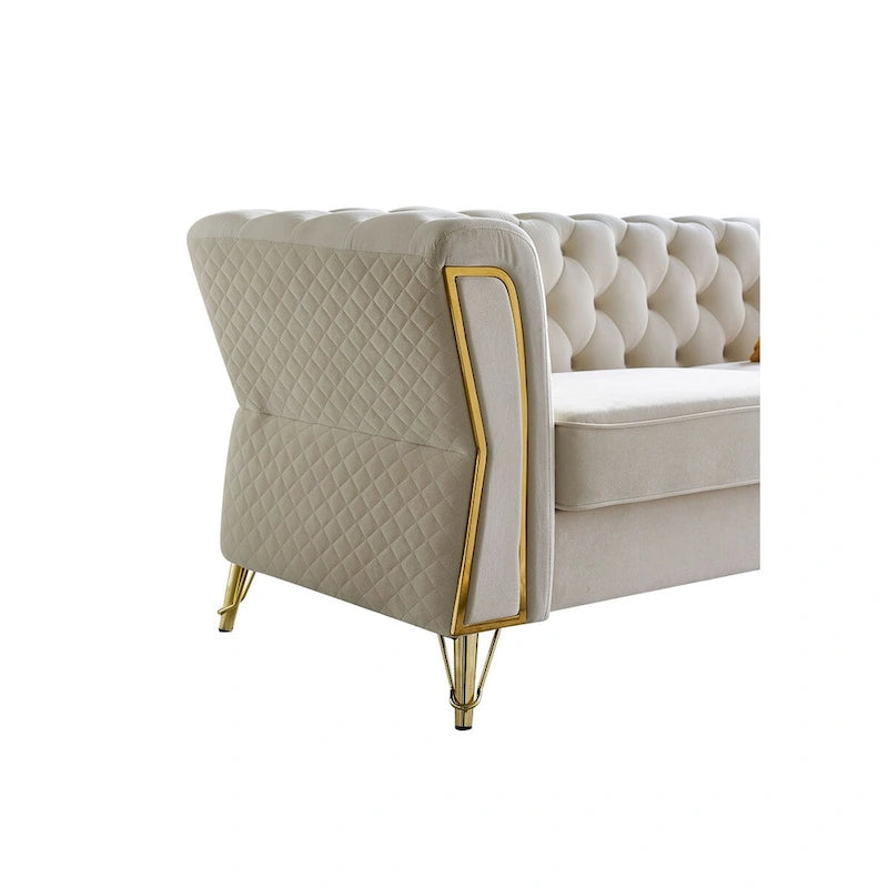 Canapé chesterfield en velours tufté avec pieds en métal doré orange
