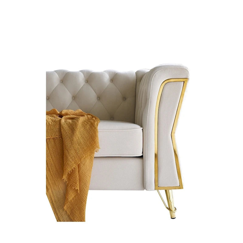 Canapé chesterfield en velours tufté avec pieds en métal doré orange