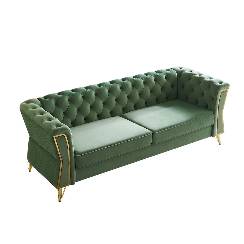 Canapé chesterfield en velours tufté avec pieds en métal doré orange