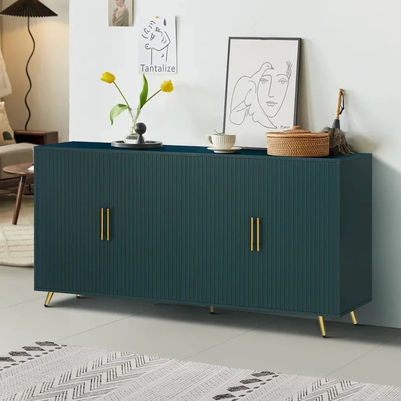 Modern Four-Door Storage Sideboard Cabinet with Vertical Lines and Gold Handles