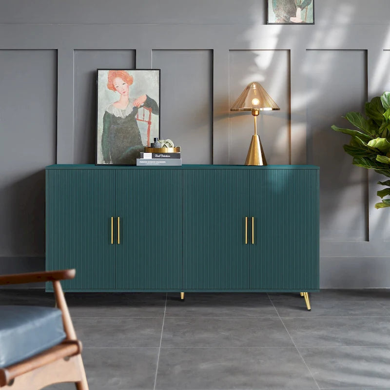 Modern Four-Door Storage Sideboard Cabinet with Vertical Lines and Gold Handles