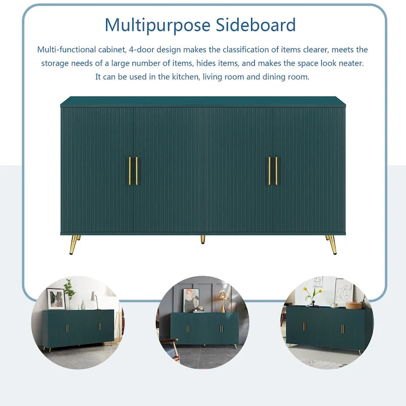 Modern Four-Door Storage Sideboard Cabinet with Vertical Lines and Gold Handles
