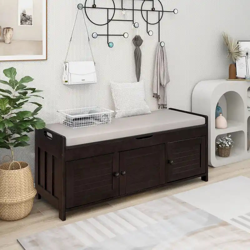 Rustic Wooden Storage Bench with Shutter Doors and Padded Cushion Seat