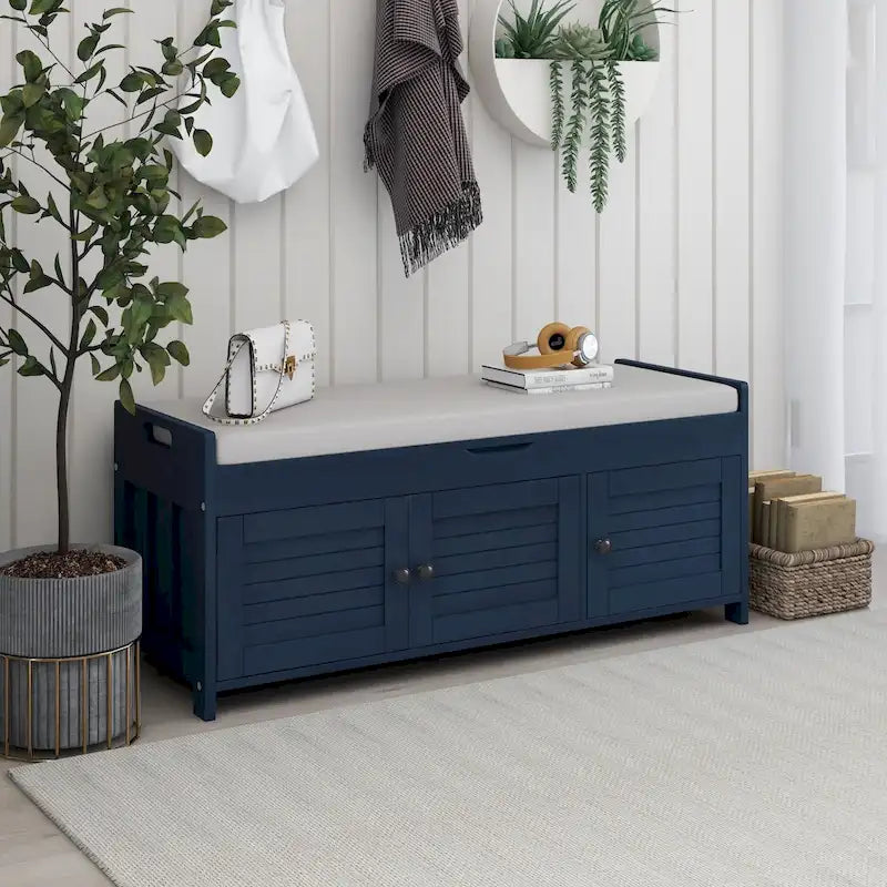 Rustic Wooden Storage Bench with Shutter Doors and Padded Cushion Seat