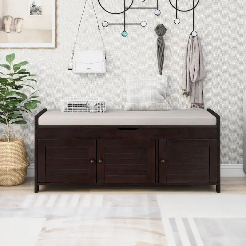 Rustic Wooden Storage Bench with Shutter Doors and Padded Cushion Seat