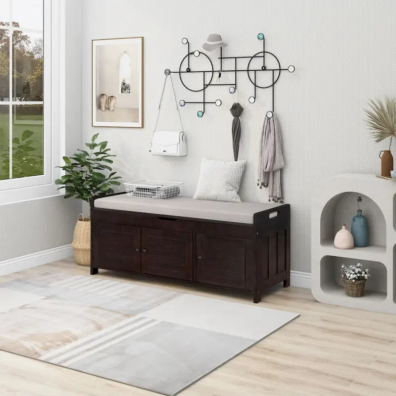 Rustic Wooden Storage Bench with Shutter Doors and Padded Cushion Seat