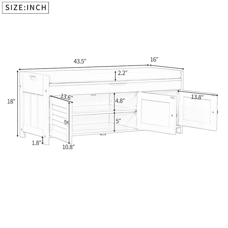 Rustic Wooden Storage Bench with Shutter Doors and Padded Cushion Seat