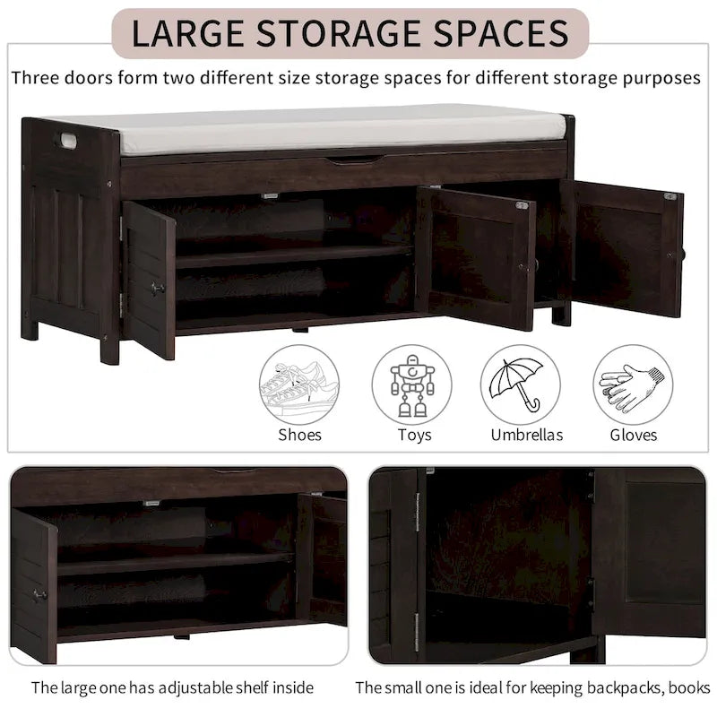 Rustic Wooden Storage Bench with Shutter Doors and Padded Cushion Seat