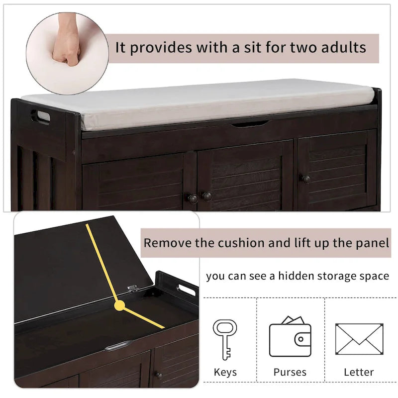 Banc de rangement rustique en bois avec portes persiennes et coussin rembourré