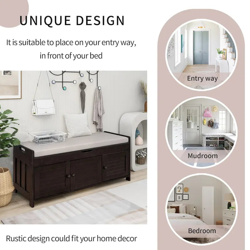Banc de rangement rustique en bois avec portes persiennes et coussin rembourré