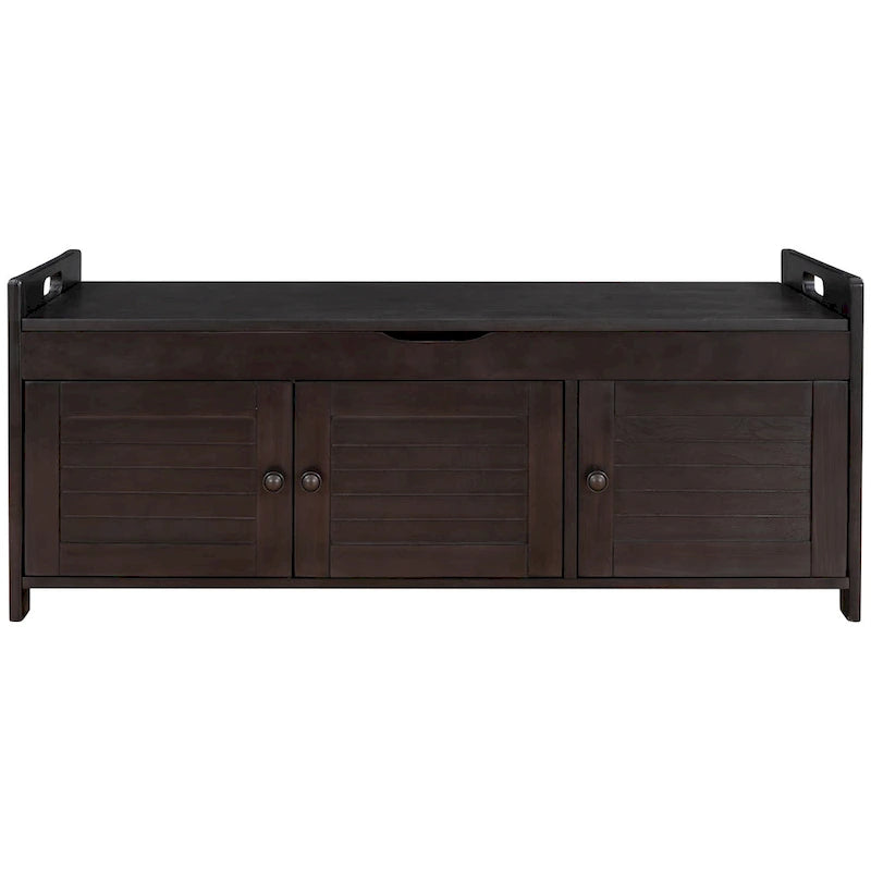 Banc de rangement rustique en bois avec portes persiennes et coussin rembourré
