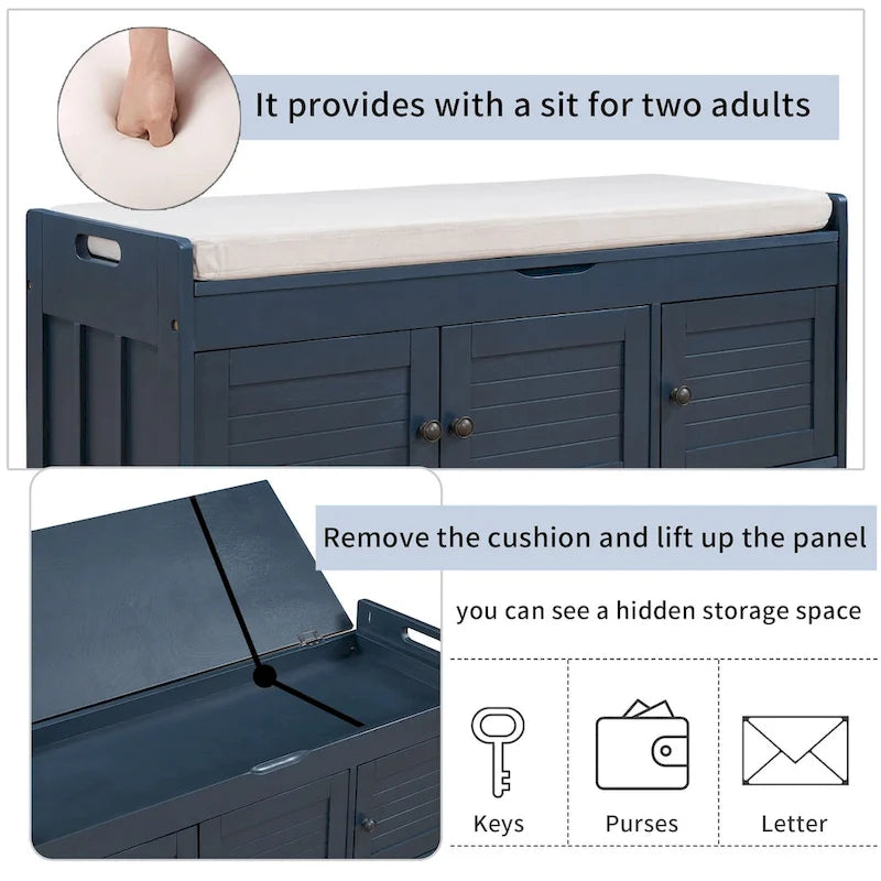 Banc de rangement rustique en bois avec portes persiennes et coussin rembourré
