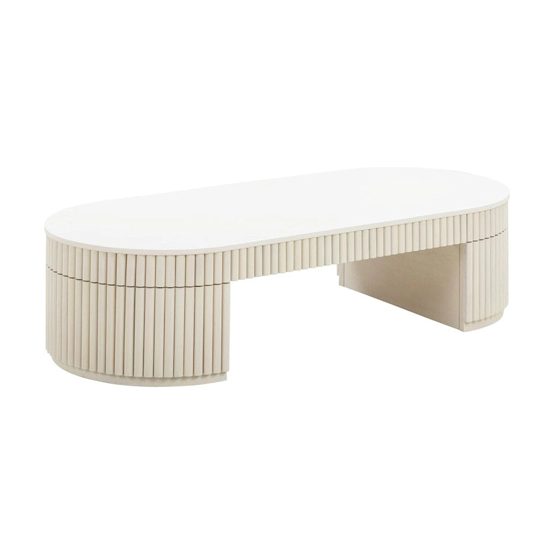 Cream Oval Solid Wood Coffee Table with Ribbed Sculptural Base