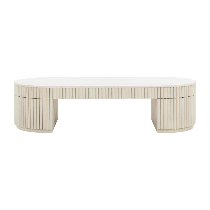 Table basse ovale crème en bois massif avec piétement sculptural nervuré