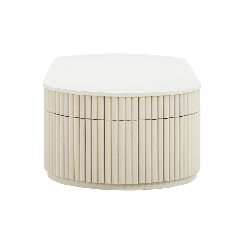Cream Oval Solid Wood Coffee Table with Ribbed Sculptural Base