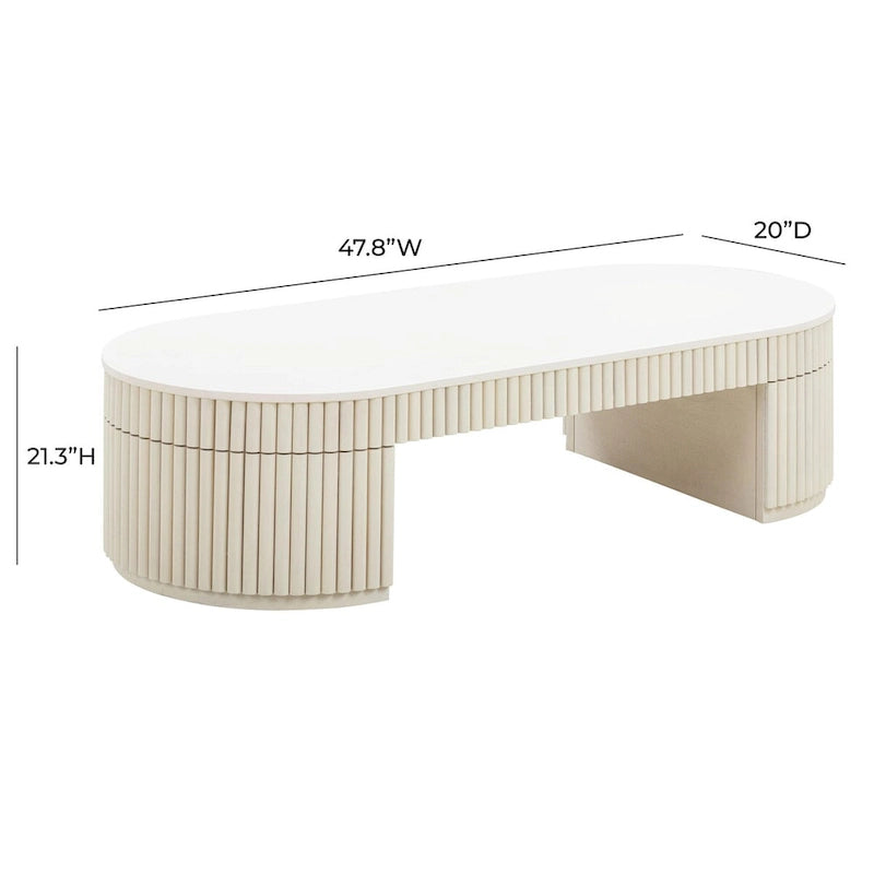 Table basse ovale crème en bois massif avec piétement sculptural nervuré