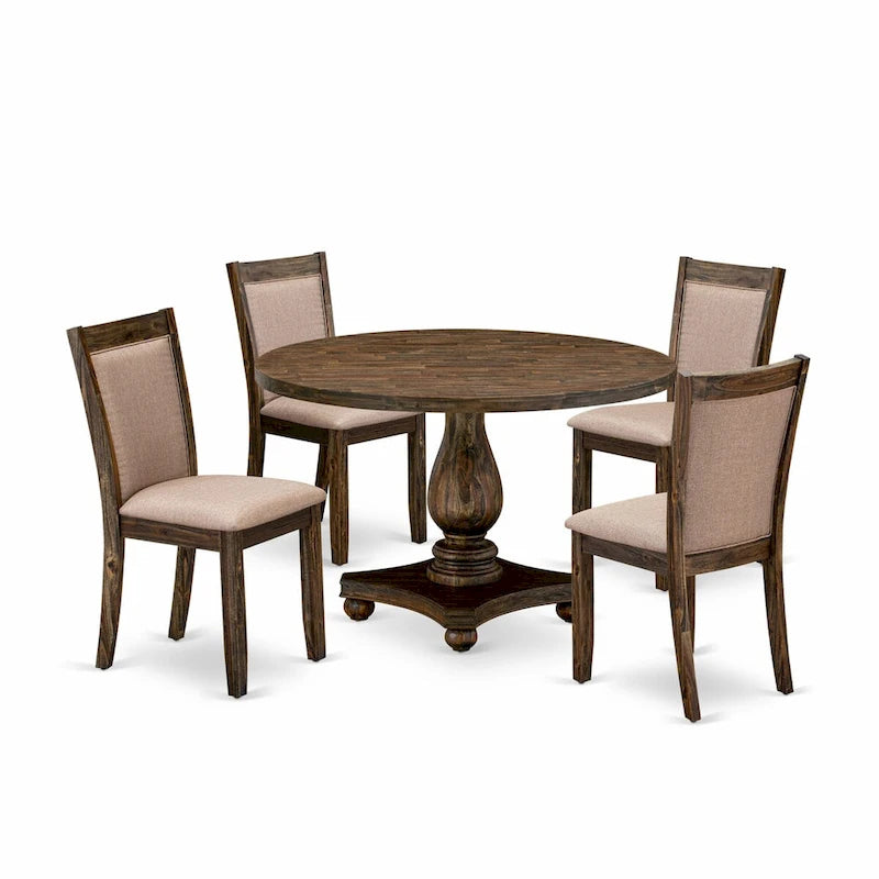 Round Rubberwood Dining Table with Dark Khaki Linen Parson Chairs, Distressed Jacobean
