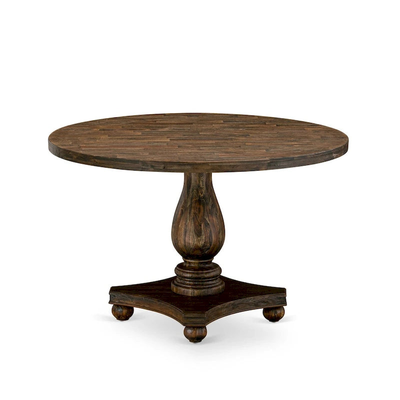 Round Rubberwood Dining Table with Dark Khaki Linen Parson Chairs, Distressed Jacobean