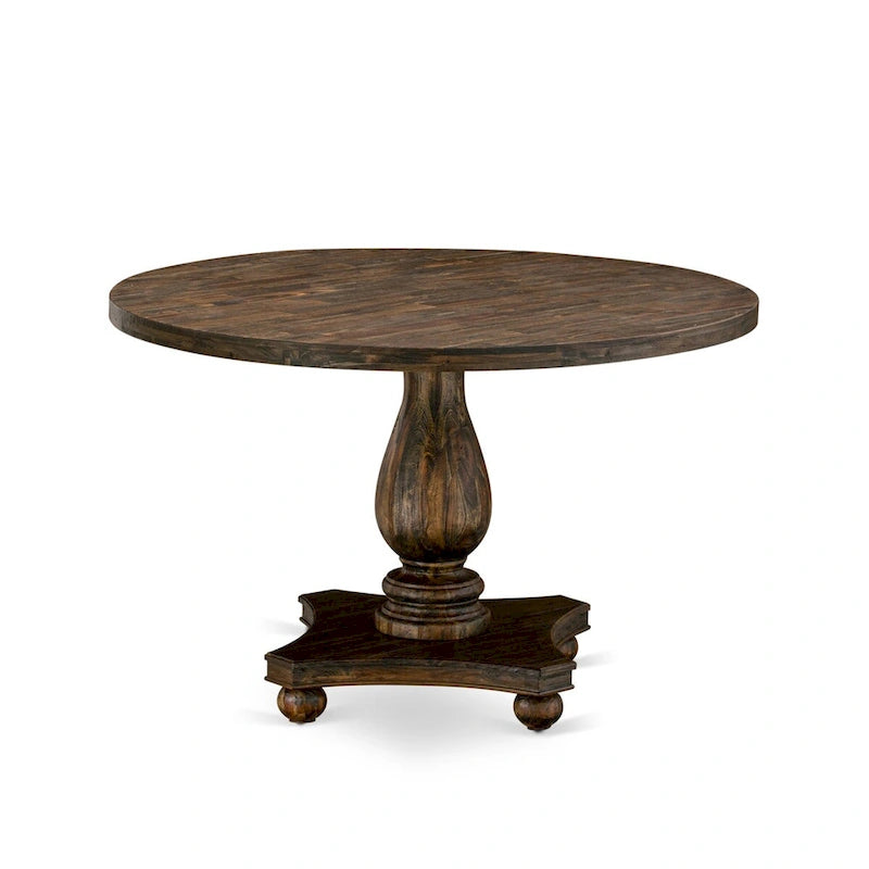 Round Rubberwood Dining Table with Dark Khaki Linen Parson Chairs, Distressed Jacobean