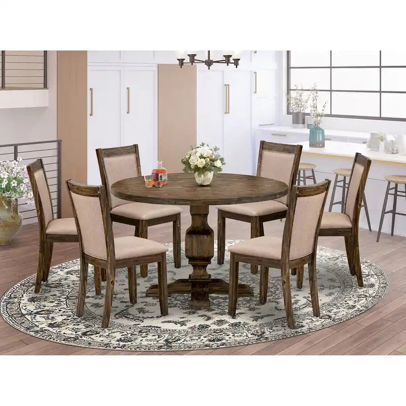 Table à manger ronde en hévéa avec chaises Parson en lin kaki foncé, jacobéen patiné