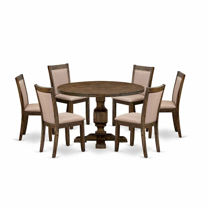 Table à manger ronde en hévéa avec chaises Parson en lin kaki foncé, jacobéen patiné