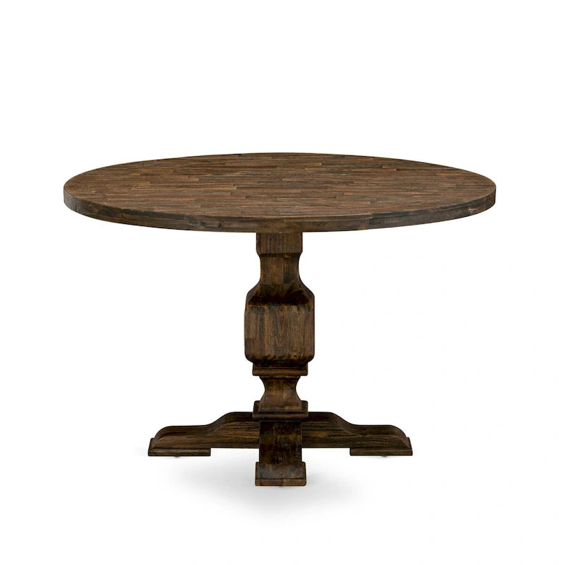 Table à manger ronde en hévéa avec chaises Parson en lin kaki foncé, jacobéen patiné