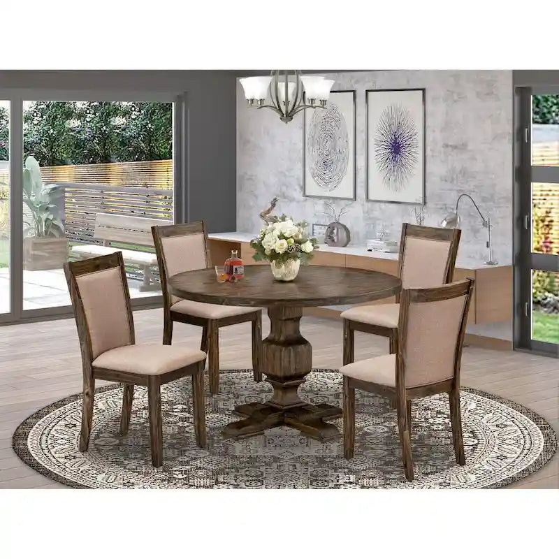 Table à manger ronde en hévéa avec chaises Parson en lin kaki foncé, jacobéen patiné