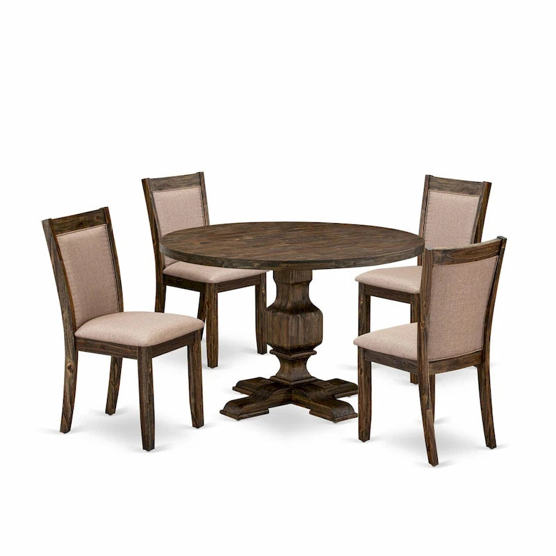 Table à manger ronde en hévéa avec chaises Parson en lin kaki foncé, jacobéen patiné
