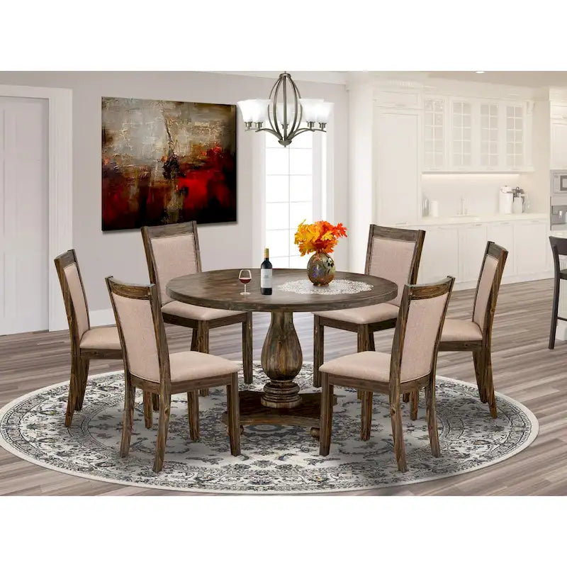 Table à manger ronde en hévéa avec chaises Parson en lin kaki foncé, jacobéen patiné