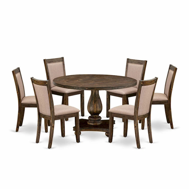 Table à manger ronde en hévéa avec chaises Parson en lin kaki foncé, jacobéen patiné